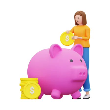 Frau spart Geld in Sparschwein  3D Illustration