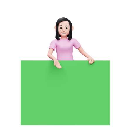 Frau steht hinter dem großen grünen Banner  3D Illustration