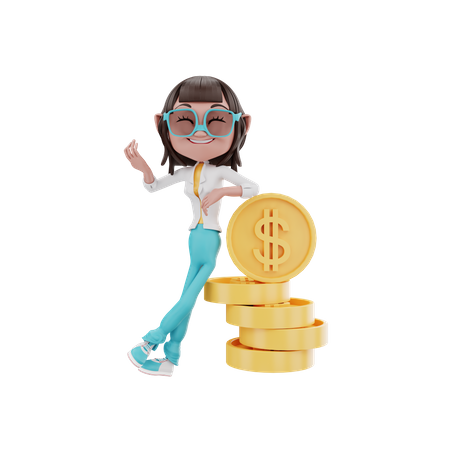 Frau stützte sich auf Geld  3D Illustration