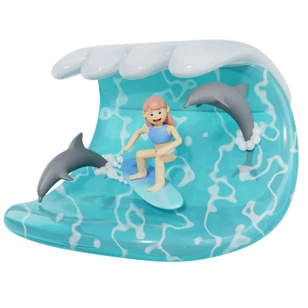 Frau surft in Meereswelle  3D Illustration