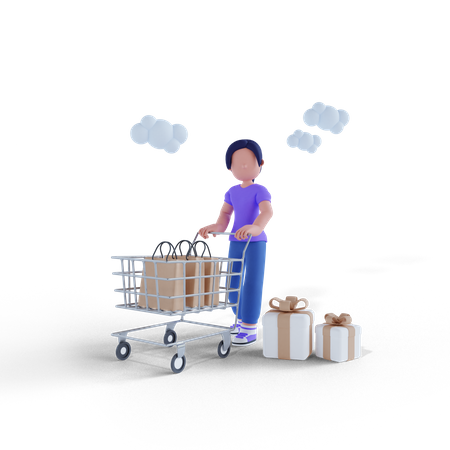 Frau trägt Einkaufswagen nach dem Einkaufen  3D Icon