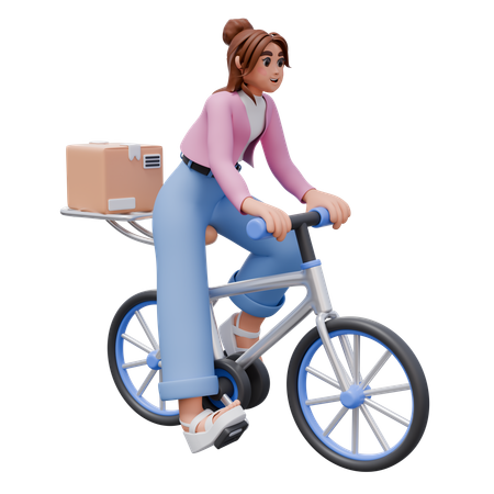 Frau trägt Kiste auf Fahrrad  3D Illustration