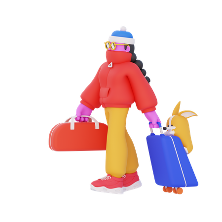 Frau trägt Koffer für den Urlaub  3D Illustration
