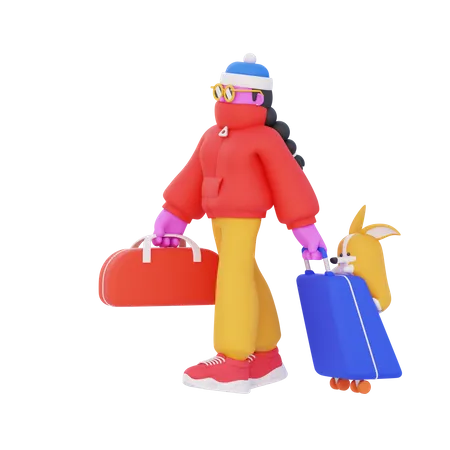 Frau trägt Koffer für den Urlaub  3D Illustration