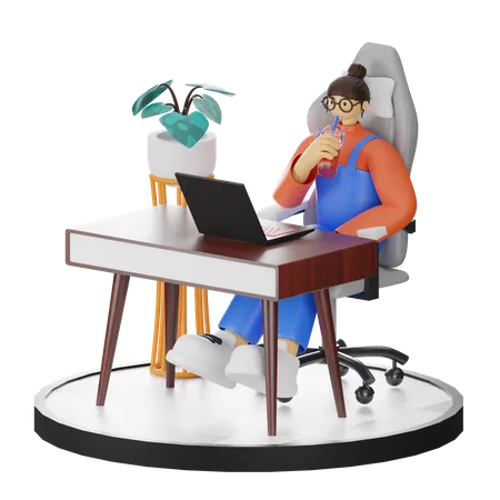 Frau trinkt Kaffee während der Arbeit am Laptop  3D Illustration