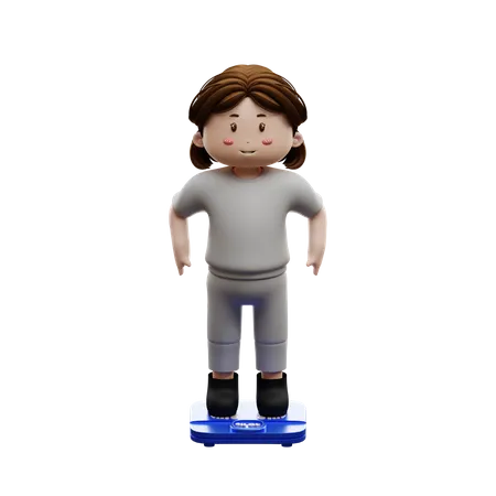 Frau mit einem Gewicht auf einer Waage im Fitnessstudio  3D Illustration