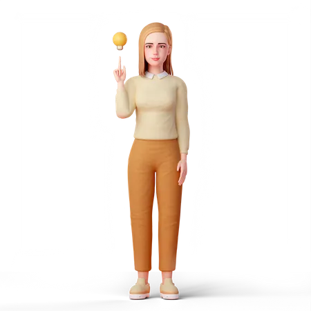 Frau zeigt auf Lampe des Denkens  3D Illustration