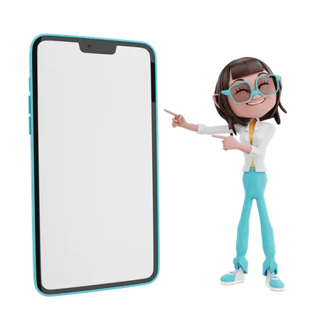 Frau zeigt auf Smartphone  3D Illustration