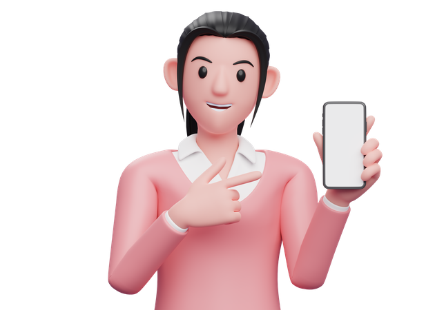 Frau zeigt mit dem Finger auf leeren Handy-Bildschirm  3D Illustration