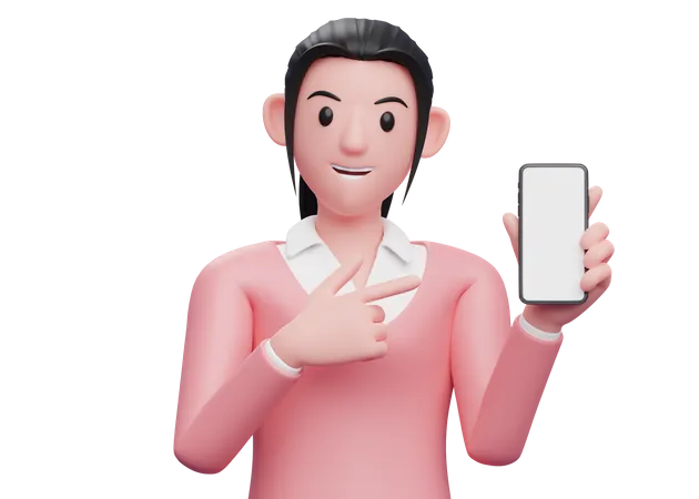 Frau zeigt mit dem Finger auf leeren Handy-Bildschirm  3D Illustration