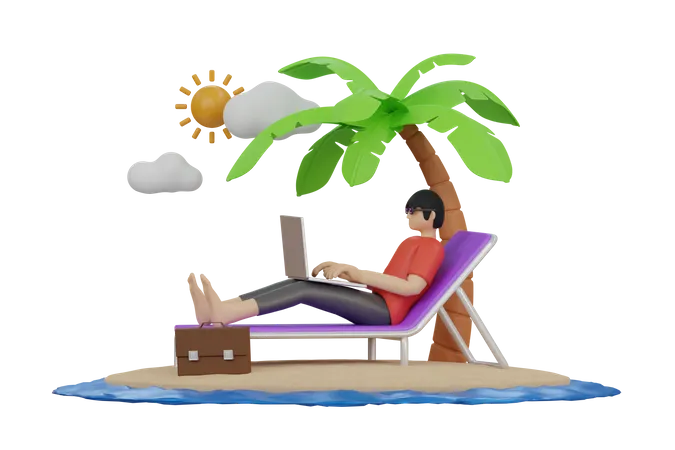 Freelancer trabajando en la playa.  3D Illustration