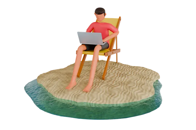 Freelancer con computadora portátil trabajando remotamente en la playa  3D Illustration