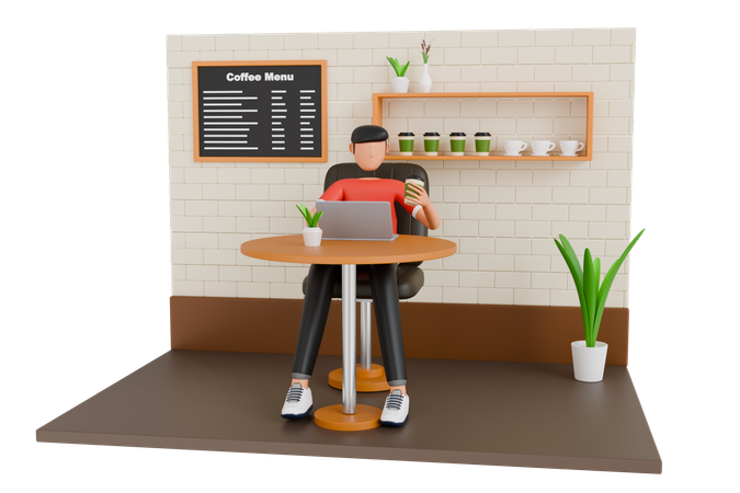 Homem freelancer trabalhando em um laptop em um café  3D Illustration