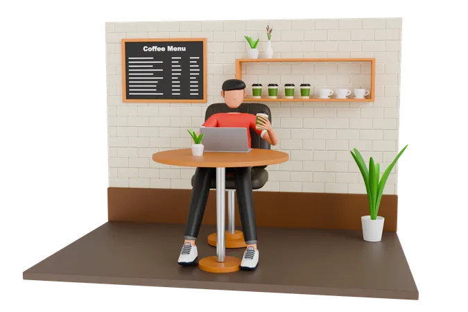 Homem freelancer trabalhando em um laptop em um café  3D Illustration