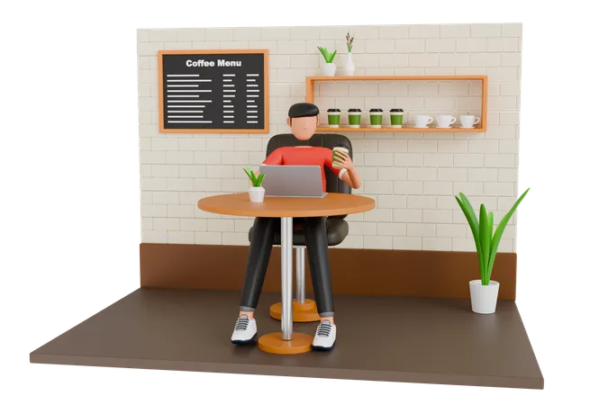 Freelancer Man Working On Laptop In A Cafe 3 D Illustration Man Working From A Cafe 3 D Illustration 3D Illustration