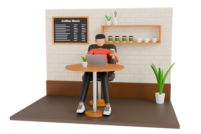 Freelancer Man Working On Laptop In A Cafe  3D Illustration