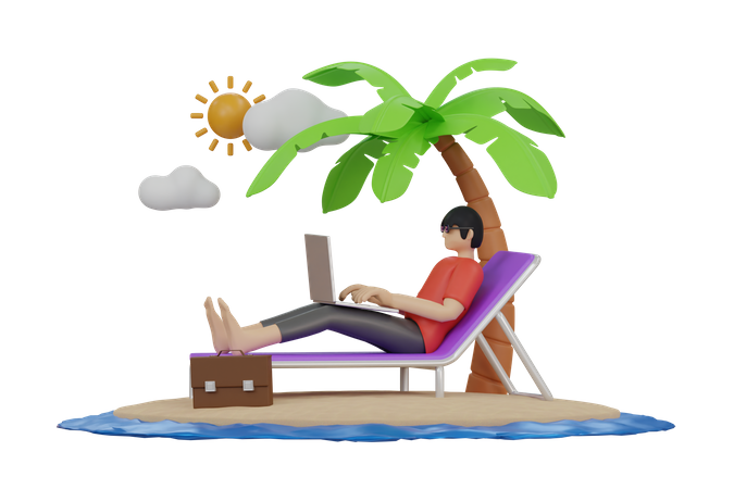 Freelancer working on the beach  3D Illustration