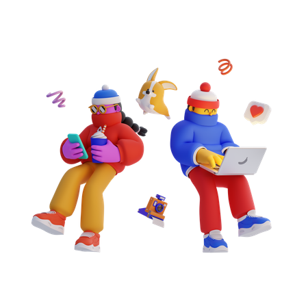 Freelancers working while on vacation  3D Illustration