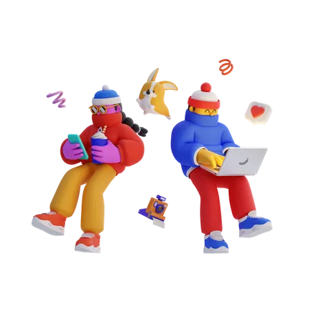 Freelancers working while on vacation  3D Illustration