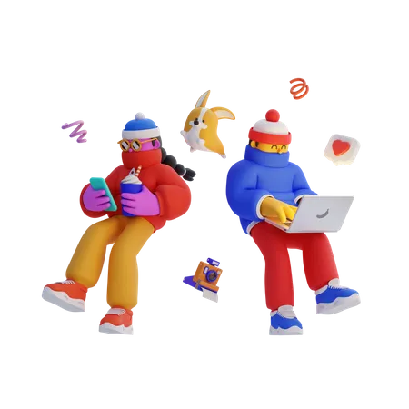 Freelancers working while on vacation 3D Illustration