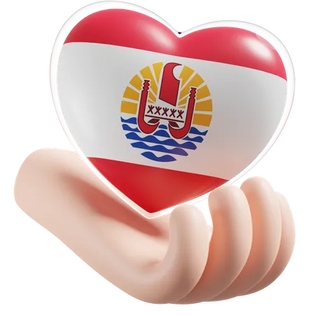 French Polynesia Flag Heart Hand Care  3D Icon