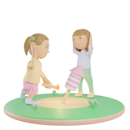Frères et sœurs jouant un feu d'artifice  3D Illustration