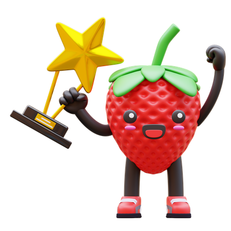 Una linda fresa celebrando la victoria mientras sostiene un trofeo de estrella dorada.  3D Illustration
