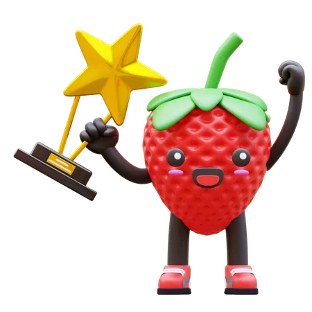 Una linda fresa celebrando la victoria mientras sostiene un trofeo de estrella dorada.  3D Illustration