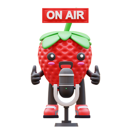Linda fresa transmitiendo al aire con micrófono  3D Illustration