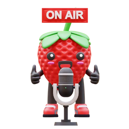 Linda fresa transmitiendo al aire con micrófono  3D Illustration