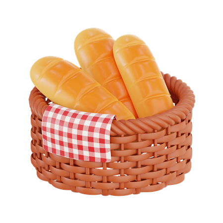Fresh Bread in Woven Basket  3D Illustration