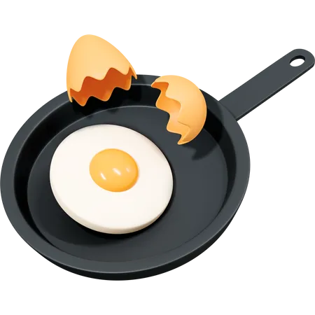 Fried egg on frying pan with eggshell  3D Icon