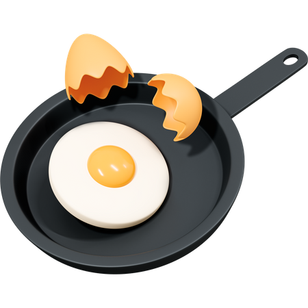 Fried egg on frying pan with eggshell  3D Icon