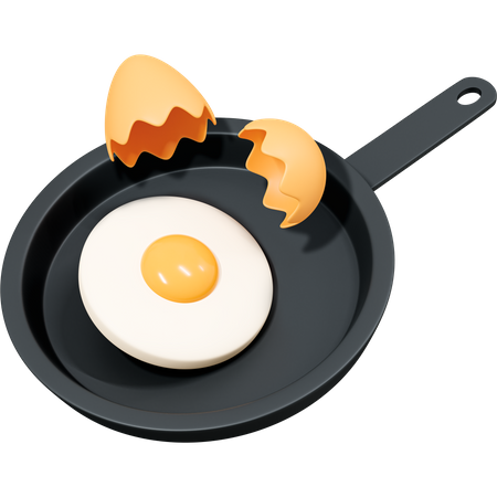 Fried egg on frying pan with eggshell 3D Icon