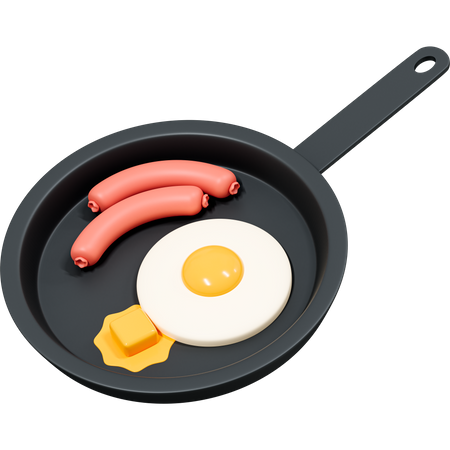 Fried egg with sausage and butter on frying pan 3D Icon