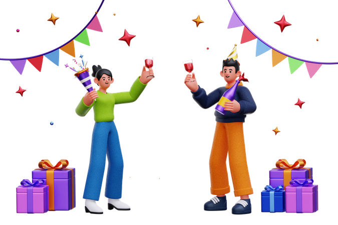 Friends Celebrating New Year Party  3D Icon