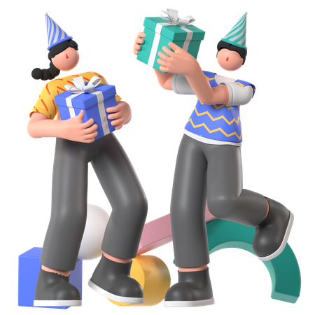 Friends holding Giftbox for birthday boy  3D Icon