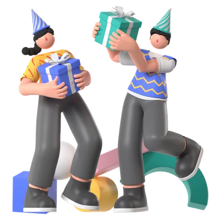 Friends holding Giftbox for birthday boy  3D Illustration