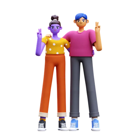 Friends Make Peace Sign  3D Illustration