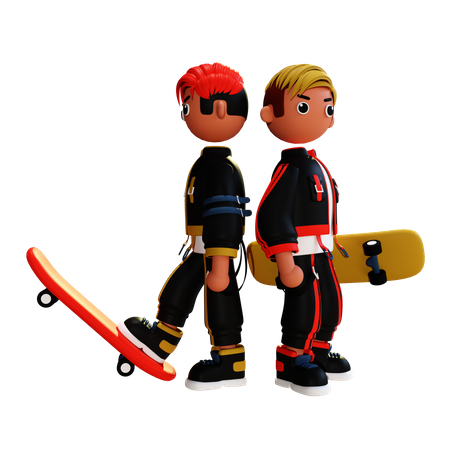 Friends skateboarding  3D Illustration