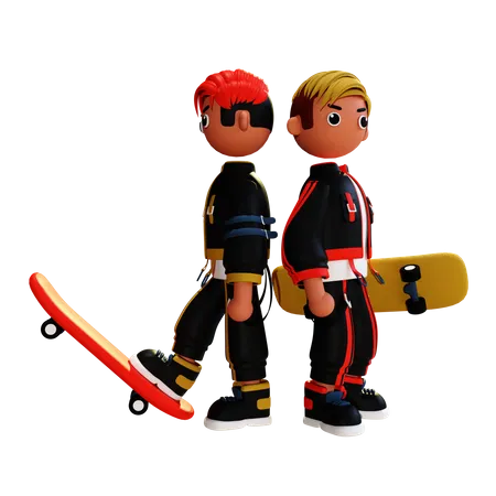 Friends skateboarding  3D Illustration