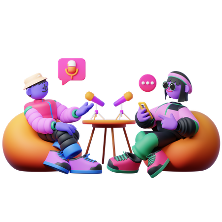 Friends Talking while Having Podcast  3D Illustration