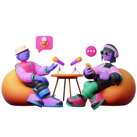 Friends Talking while Having Podcast  3D Illustration