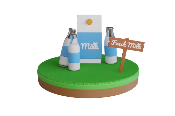 Milchpackungsmodell In Einer Miniaturfarm Milchkartonpackung Und Flaschen Auf Gras 3 D Illustration Eines Werbebanners Fur Milch Auf Einem Bauernhof 3D Illustration