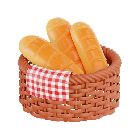 Frisches Brot im geflochtenen Korb  3D Illustration