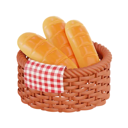 Frisches Brot im geflochtenen Korb  3D Illustration