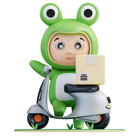 Frogie livrant un produit sur un scooter  3D Illustration