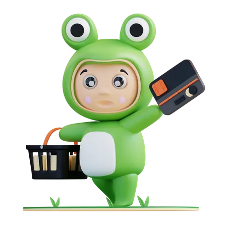 Frogie paga con tarjeta para hacer compras  3D Illustration