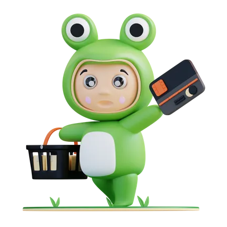 Frogie paying via card for shopping  3D Illustration