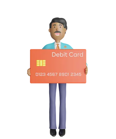 Fröhlicher südindischer Geschäftsmann steht und hält Debitkarte  3D Illustration